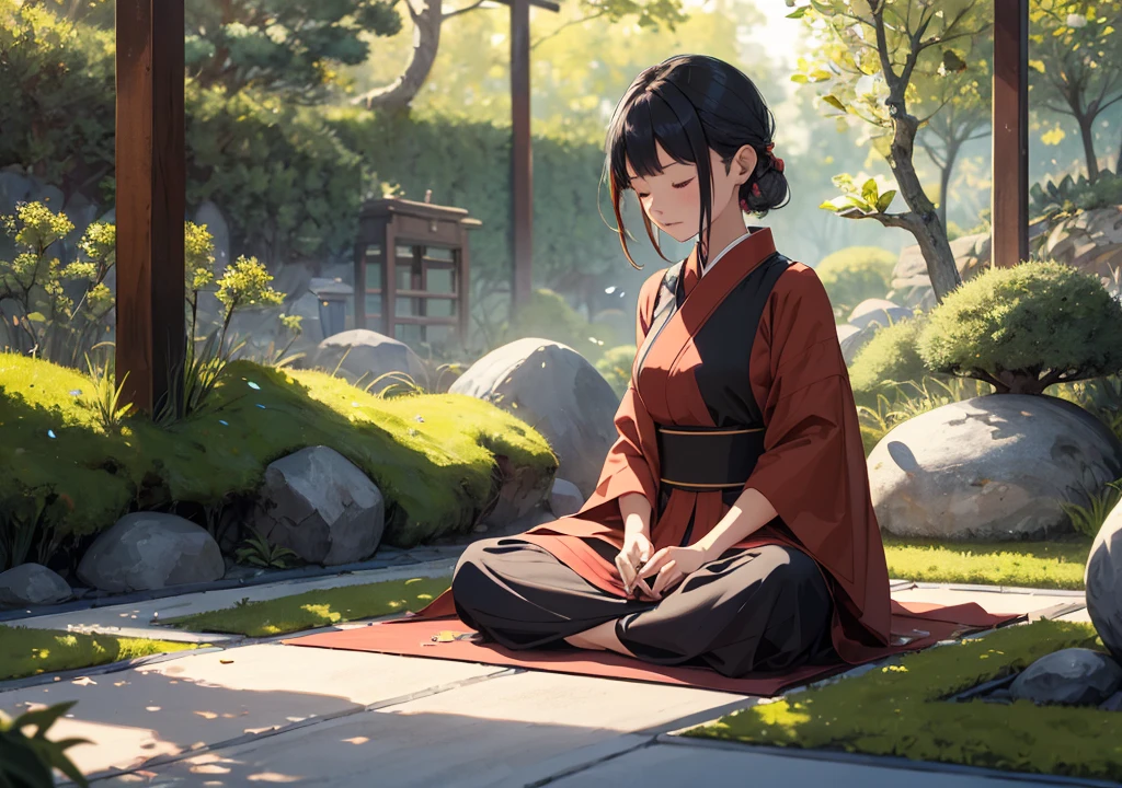 Girl meditating in a zen garden。She wears a beautiful dress、I find peace of mind surrounded by the stones and moss in the garden., Monk mode