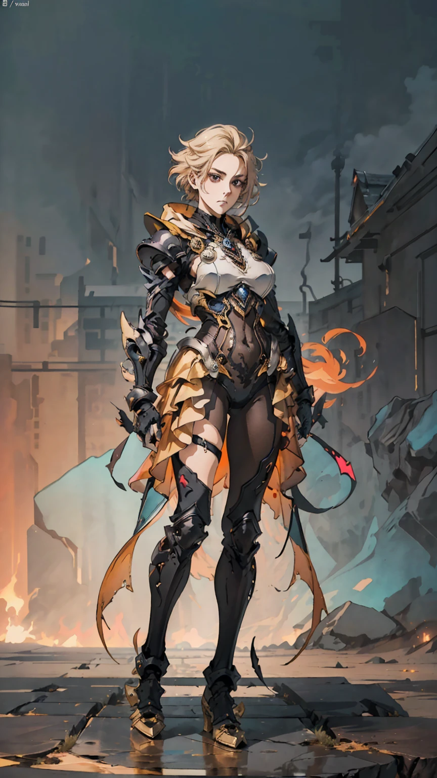 (((masterpiece, best quality, high detailed, 8k))) Design a layout showcase Gaming character, (1girl). Black|Gold clothes, stylish and unique. ((showcase weapon:1.4)), dark scythe. (masterpiece:1.2), (best quality), 4k, ultra-detailed. (Step by step design, layout art:1.5), (luminous lighting, atmospheric lighting). necromancer, ((glove full hands)), (((revealing clothes:1.3))), vambraces, armored legwear, (((full_body_shot:1.4))). {In a haunted graveyard}.