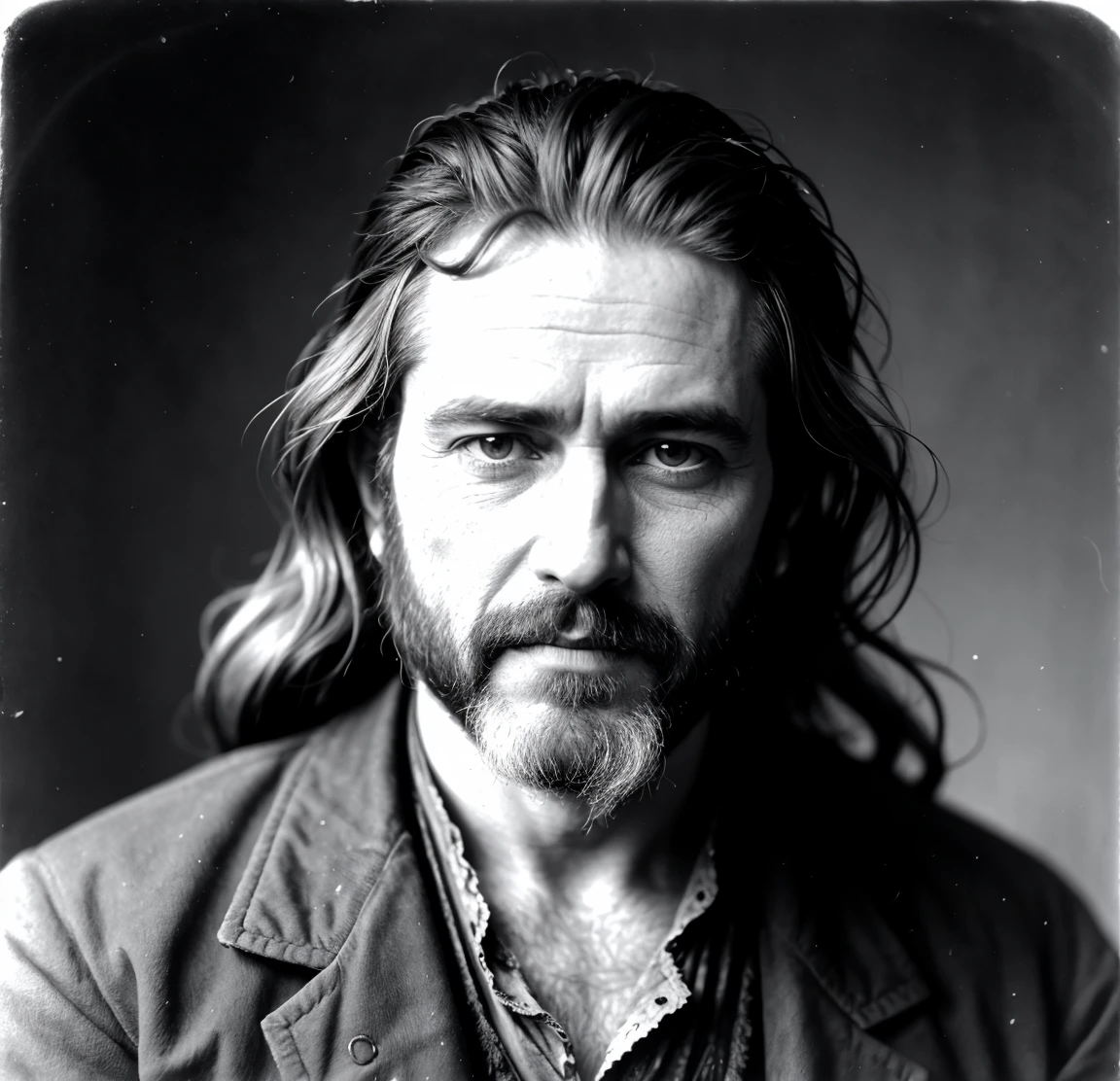 old west portrait photo of sickly gunslinger. He has a scraggly beard and is dirty with unkempt and matted hair.