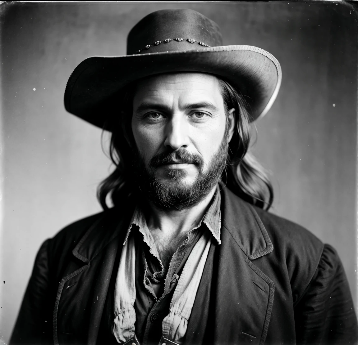 old west portrait photo of sickly gunslinger. He has a scraggly beard and is dirty with unkempt and matted hair.