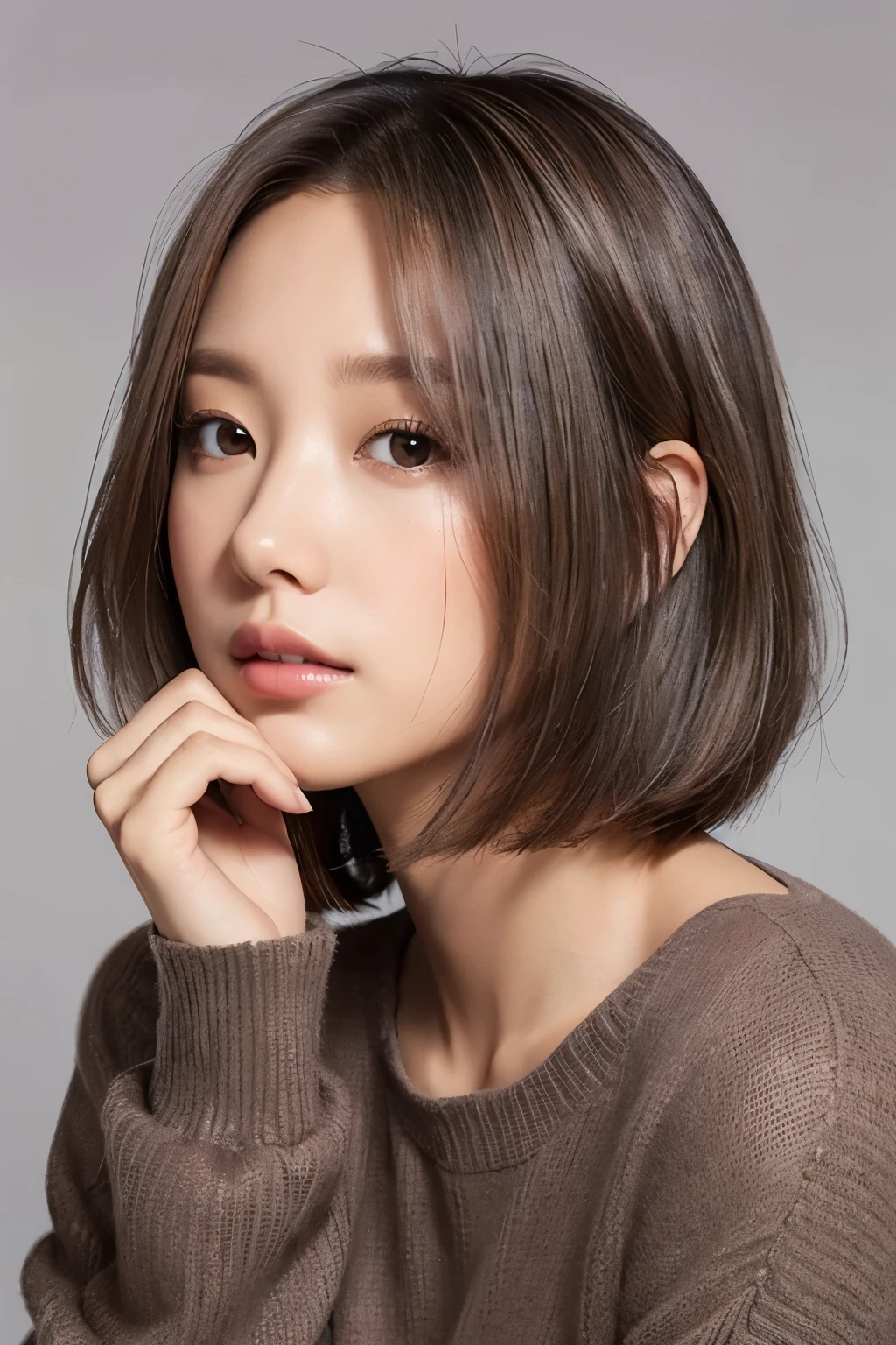 One girl,Gray background,Hair color is ash brown,Bob Hair,Balayage in hair,Hand on chin,Real