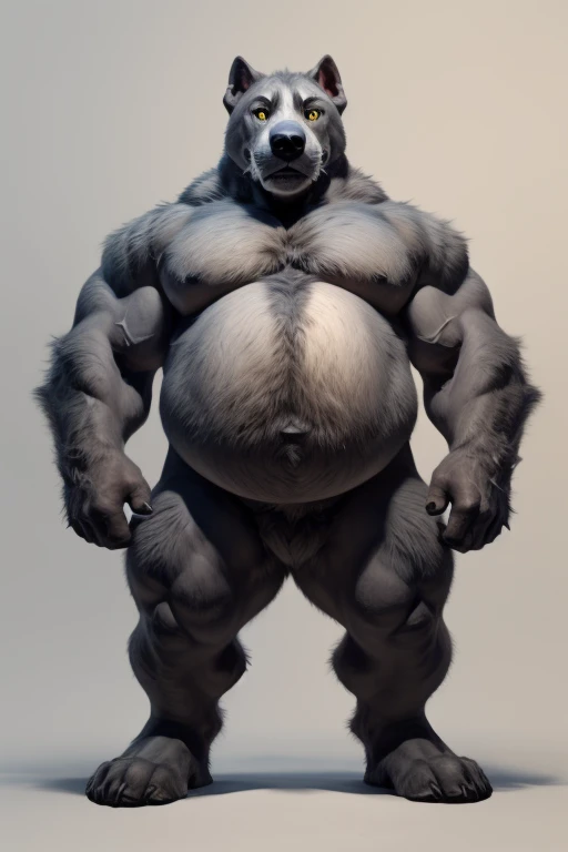 Anthro, male, canine, dog, pitbull:1.4, (grey fur:1.8),( cut ears:1.0), chubby:1.2, round belly, huge belly, bloated belly, big body, wide body, thick furry neck and chest fluff, (middle-age), (musclegut:1.4, thick body:1.2), (yellow eyes:1.2, detailed smiling expression:1.2, kind expression: 1.2), detailed black eyes,tail, detailed fluffy fur, detailed face expression, (white background:1.6, standing pose:1.4 , looking at viewer:1.2, full body:1.2), ((intricate detail fluffy fur texture)), (by darkgem),(by OnePotatoATime),(by adios:1.2),(by taran fiddler),4k,masterpiece,full hd, BREAK