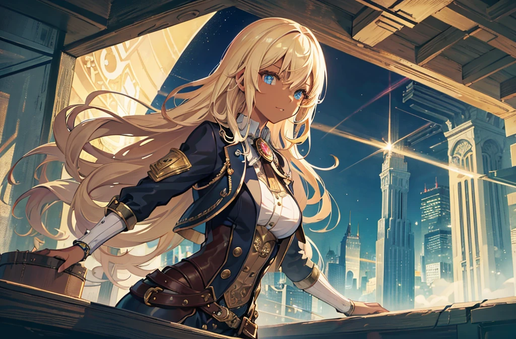 Create an illustration depicting a  overlooking a steampunk cityscape. (The girl has dark skin), short blonde hair and shiny blue eyes. The girl should be standing in a vantage point, Rooftops, bridges, etc., Look down on the intricately designed steampunk city below. The cityscape should be meticulous and detailed, Showcase the intricacies of gears, pipes, And glamorous architecture. Her expression was、It should be one of the surprises and curiosities when observing a bustling city full of mechanical wonders, blimp, And glamorous architecture. Surround the scene with a warm atmosphere, Golden light to enhance the atmosphere, Emphasize brass and copper tones of steampunk elements. Capturing the adventurous spirit and charm in the eyes of a girl, Reflecting the charm of the fantastic steampunk world around her. The whole illustration should have a nostalgic vibe, Girl smiles. highly detailed, vibrant appearance, creative behavior, extremly detailed, imaginative, sensual, spontaneous, highest quality, skin texture, intricate details, (cinematic lighting), RAW photo, 8k, masterpiece,best quality,ultra-detailed,very detailed illustrations,extremely detailed,intricate details,highres,super complex details,extremely detailed 8k cg wallpaper,((upper body)),