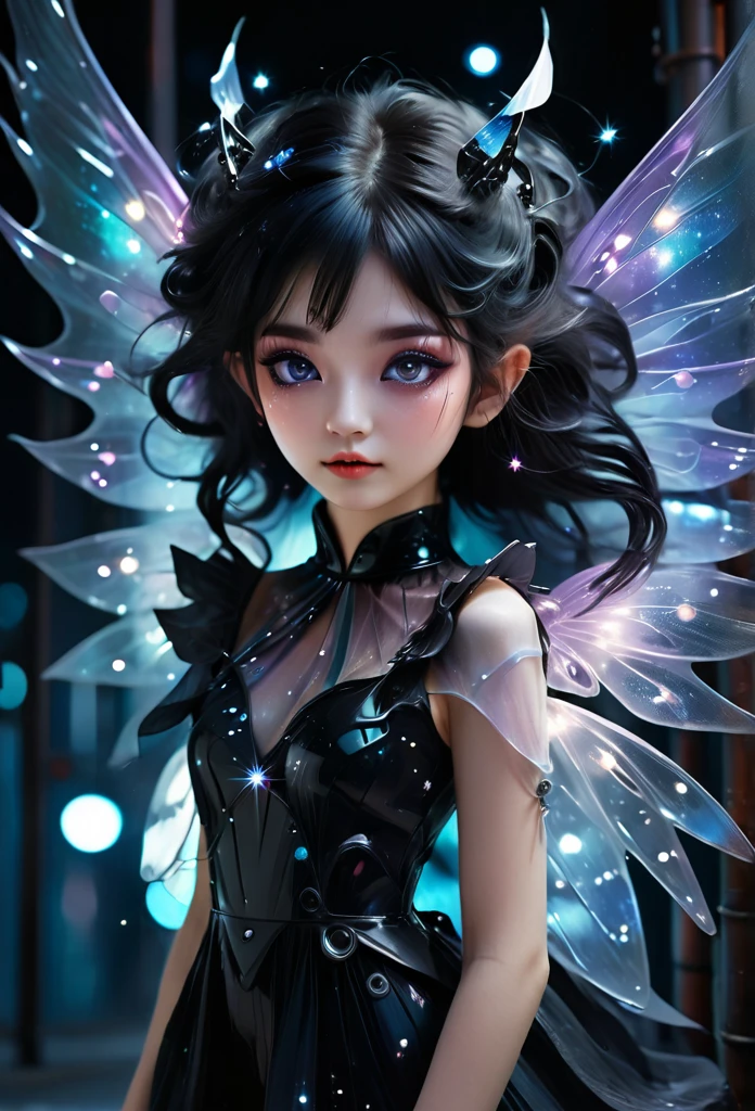 A glowing dark girl android 18 dbz fluttering between bright dark flames and iridescent vagalumes under a terrifyingly dark and gloomy sky. [Image of a glowing fairy between black fog and iridescent lights]