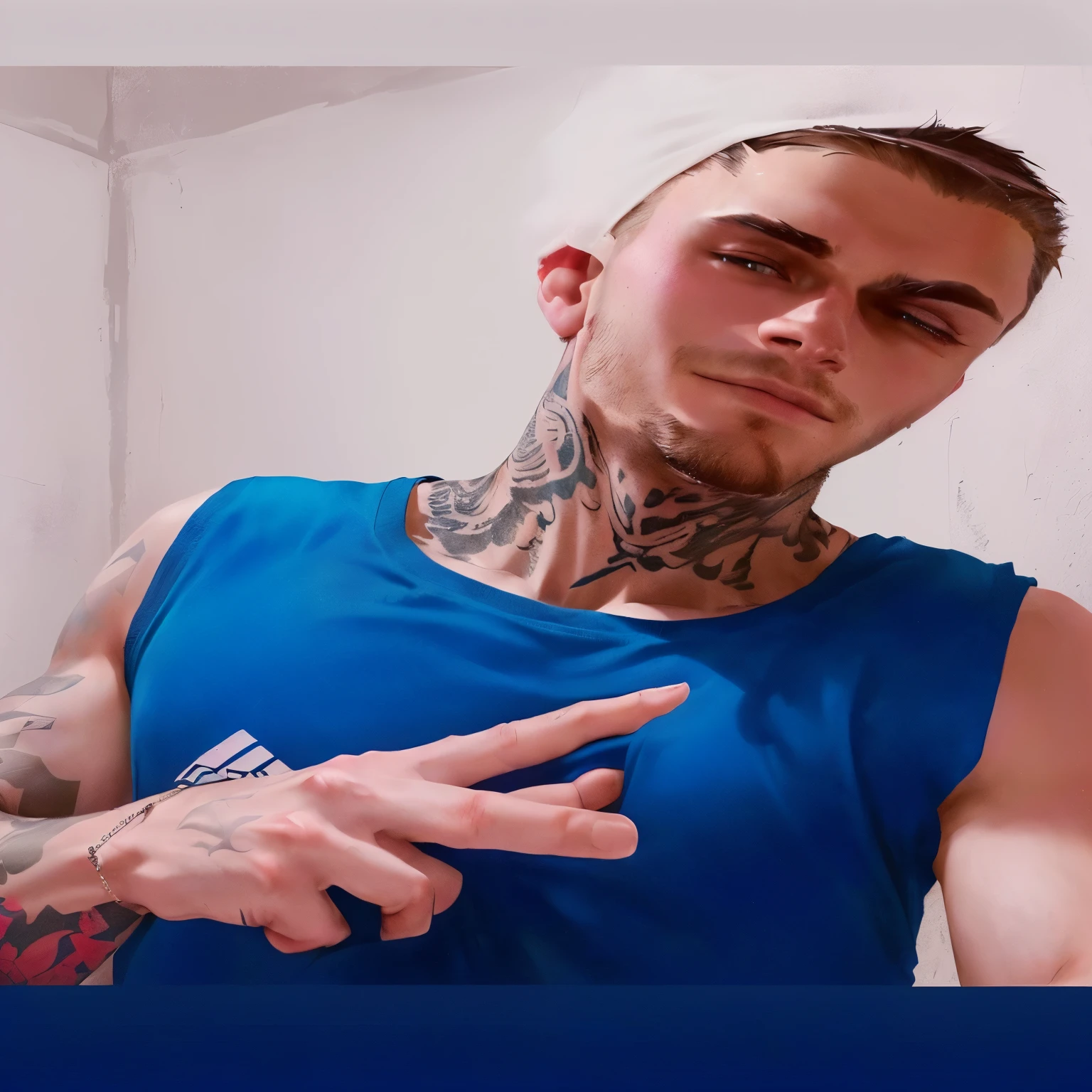 there is a man with a tattoo on his neck pointing at something, wearing a tank top, taken at the beginning of 2020, Christian cline, wearing a tank top, about 24 years old, style of seb mckinnon, profile image, Serpentina do Twitch / gamer ludwig, profile photo 1024px, wearing tank top