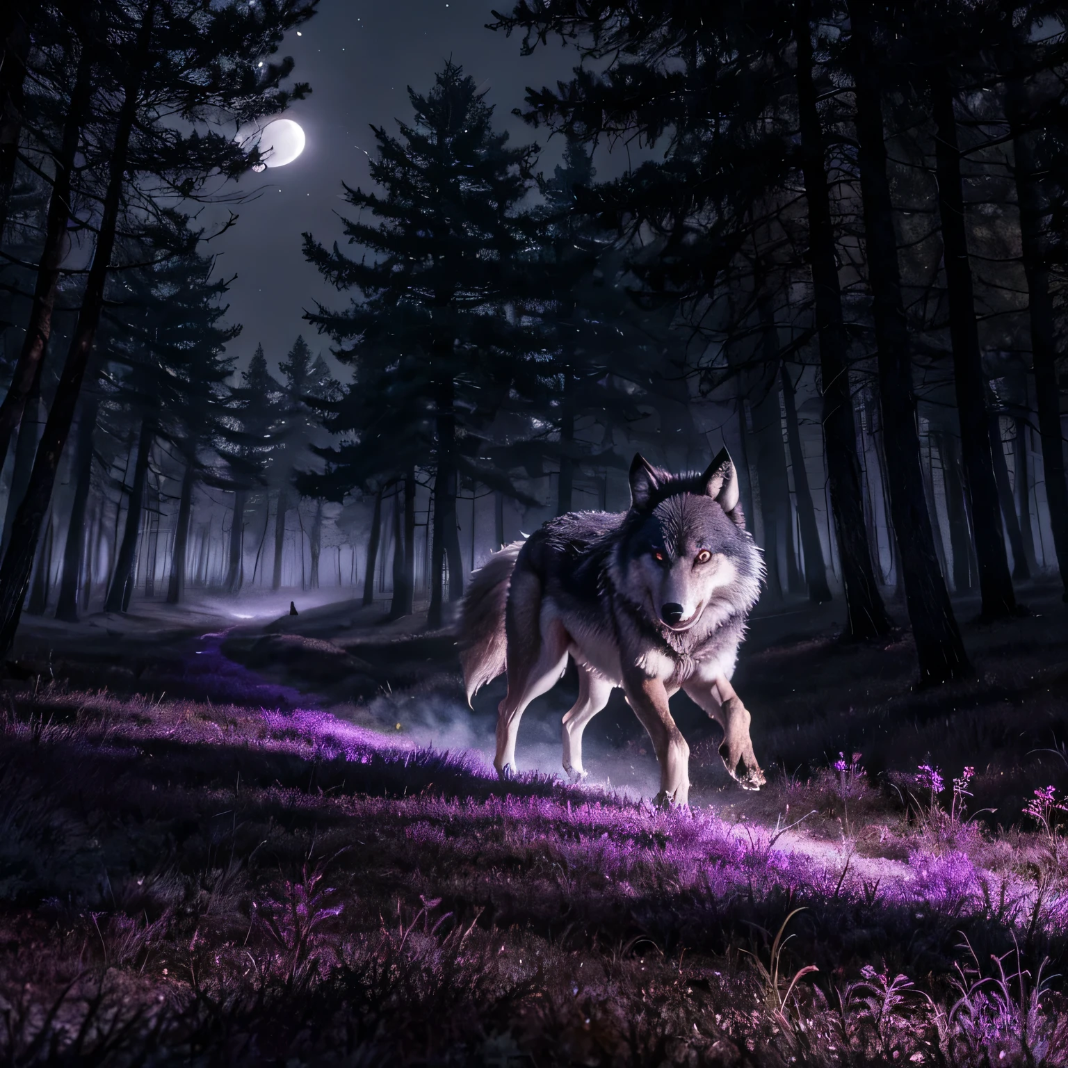 The wolf is running through the forest and looking for prey. Against the background of a moonlit forest. Purple fog. Deep, rich colors and intricate details. Karn Griffiths and Charles Wess