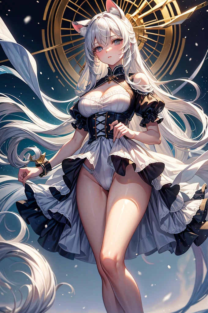 highest quality, ultra high resolution, super detailed, gorgeous, masterpiece, best quality, high resolution finely detailed, extremely beautiful, distinct image, Frilly French Maid uniform, hourglass figure, 1 girl, 21 years old, soft and beautiful facial features, symmetrical face, golden colored eyes, innocent doe shaped eyes, DD-cup breasts, tall height(185cm), slim curvy body, athletic and flexible physiques, flowing snow-white hair, narrow waist, long legs, modern times background, snow-white skin, hip-level shot, snow-white feline tiger ears, white striped tiger tail protruding out her back,