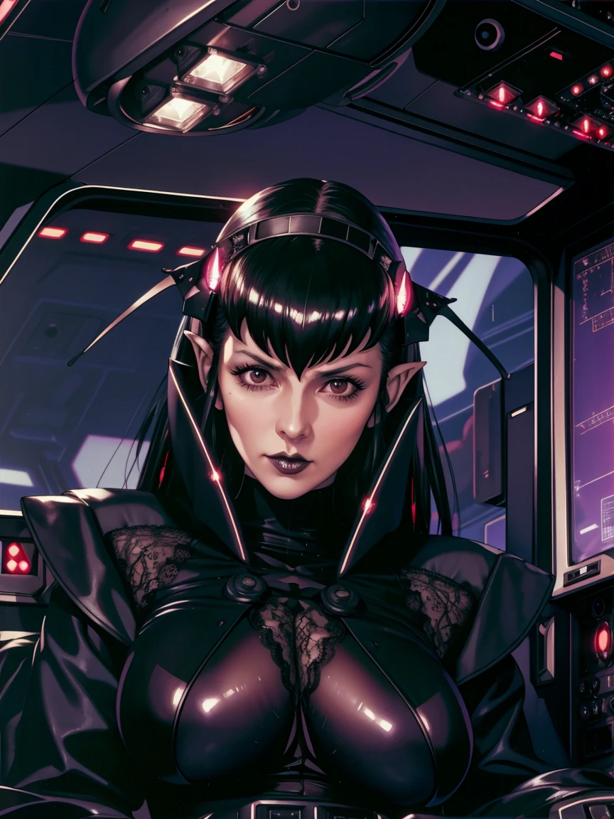 (((gothic vampire piloting) in gothic spacecraft)), (((retro anime))), ((from below)), ((120 fov)), ((((gothic)) control panels)), (((mature))), (((gothic))), (iridescent) bodysuit, ((((lace accessories)))), ((pilot seat)), ((((lying back)) pose)), (((elegant))), (((serious tone))), ((cockpit top control panel)), intricate control panel details, close-up, 1990s (style), masterpiece, ((claustrophobic)), best quality, screens, ((pilot helmet)), night, ((low key light)), (colorful cockpit lights), sparkles, (dramatic lighting), sweat, [blushing], [[pointy ears]], (dark background)