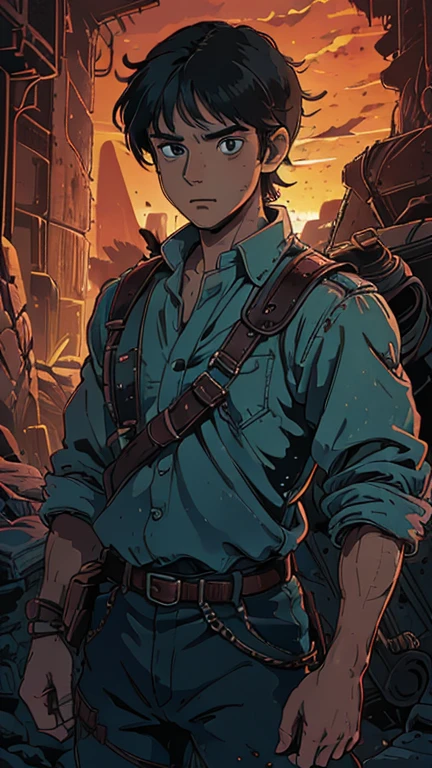 (Teens:1boy: t3mu1), (extremely detailed CG unit 8k wallpaper),(master part), (best quality), (ultra detali), (best illustration),(melhor ombre), cowboy shot, (Sharp eyeliner, ombre, detailed eyes:1), ancient tomb interiors background, ,break , (ghibli style), upper body, very short hair, black hair