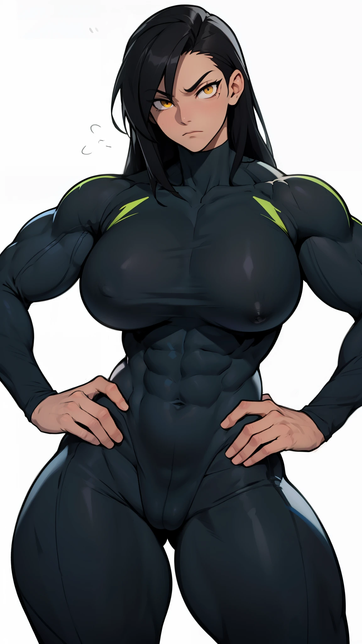 wide hips curvy thick thighs voluptuous huge breasts muscular toned body bodybuilder black hair pale skin yellow eyes skintight expressionless sad sad