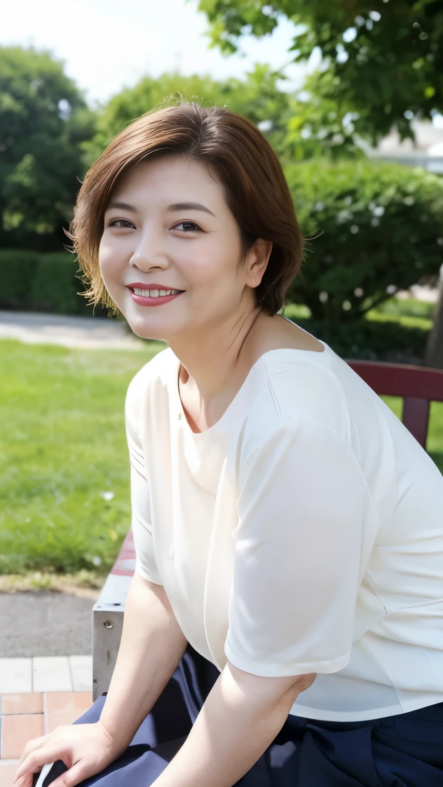Sitting on a park bench, Wrinkles around the eyes, Smiling with teeth showing, Plain short-sleeved clothing, senior citizen, Draw lips correctly, Red lipstick, No discomfort, 16K, Highest quality, Very detailed, Realistic, Very detailed肌, (Japanese), (alone), 60 years old, Large Breasts, , Glamour, sexy, Chromo White Skin, Staring straight ahead,