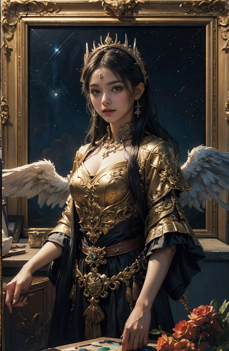 (Tabletop, Highest qualityの, (((((woman)))))、Highest quality, Official Art, (beautifully、beautiful:1.4), (Oil painting:1.4) ),((male)) (lucifer), God of Japanese God Stories々々, fleeting beauty, A mysterious god illuminated by the starry sky, Winged Angel、god'Grace, Calm and thoughtful expression, Flowing Heavenly Robe, Dazzling silver stars light up the night view, Dance of shadows and lights, Whispers of Ancient Legends、Very slender、