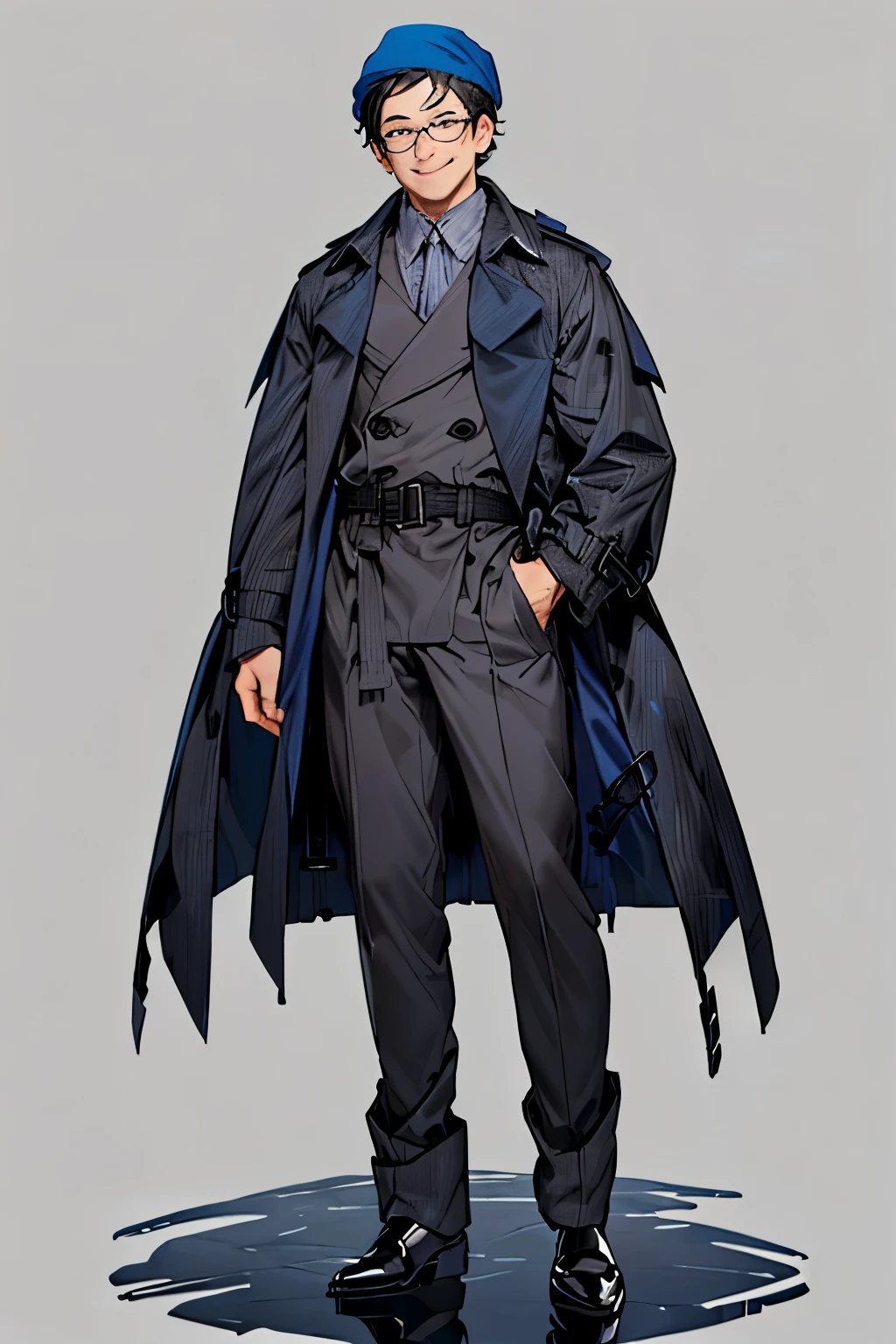(male), (masterpiece, stunning eyes, glossy_eyes, ((Masterpiece)), (Expressive brown eyes) ((Man)) Osamu Tezuka, a Japanese, round ((glasses)), ((has short (black hair), ((Wearing gray beret)) (masterpiece), solo, smiling, perfect hands, an older Japanese man, smiling, ((wearing dark blue trench coat)) ((Wearing periwinkle suit)) (((Full-body image)))