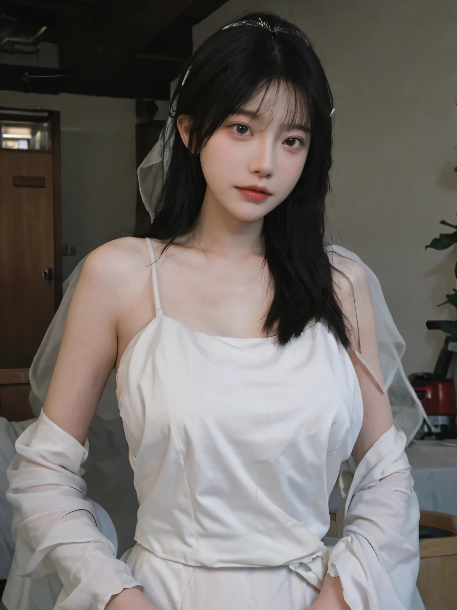 Portrait photography，1 girl，veil，Hollow wedding dress，Floor length wedding dress，Wedding dress background，（whole body：1.4），Exposed breasts，(Big breasts:1.4)，(Realistic and detailed eyes，Natural skin texture，Realistic facial details)，