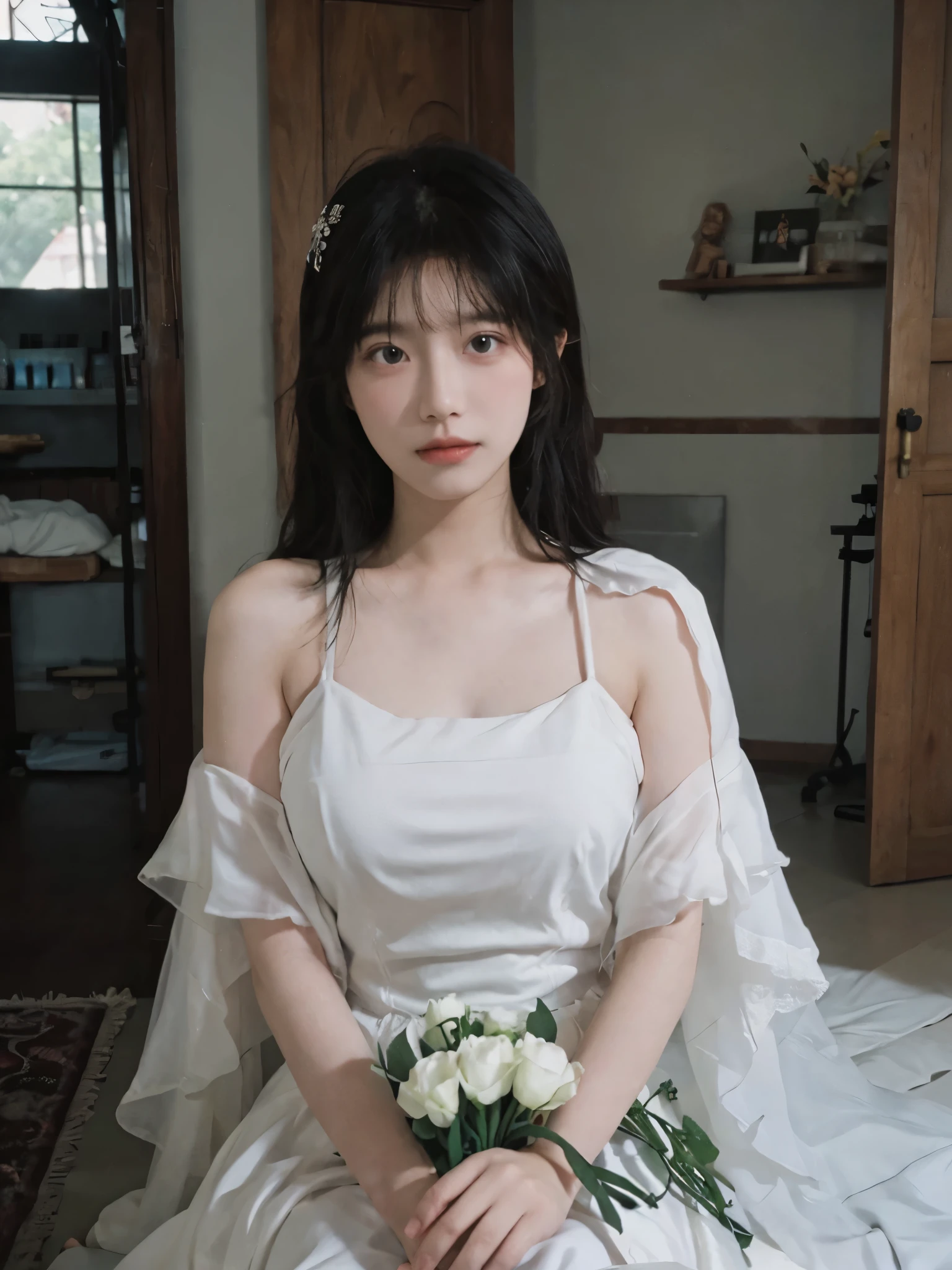 Portrait photography,1 girl,veil,Hollow wedding dress,Floor length wedding dress,Wedding dress background,(whole body:1.4),Exposed breasts,(Big breasts:1.4),(Realistic and detailed eyes,Natural skin texture,Realistic facial details),