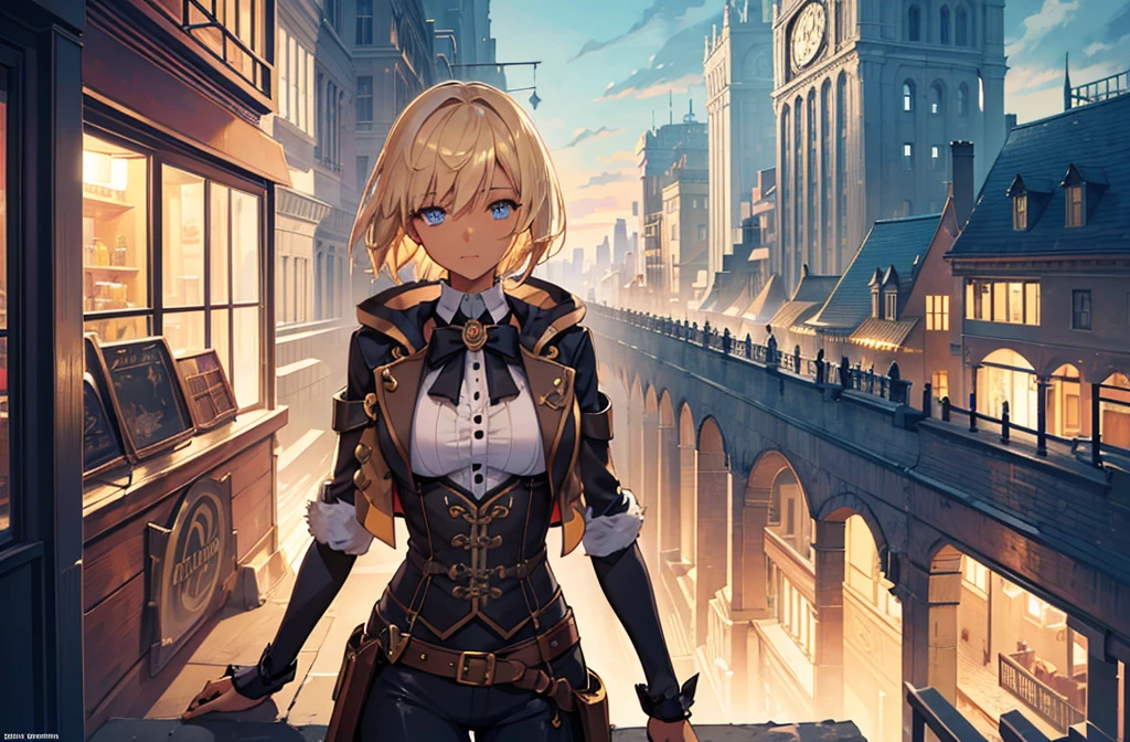 Create an illustration depicting a overlooking a steampunk cityscape. (The girl has dark skin), short blonde hair and shiny blue eyes. The girl should be standing in a vantage point, Rooftops, bridges, etc., Look down on the intricately designed steampunk city below. The cityscape should be meticulous and detailed, Showcase the intricacies of gears, pipes, And glamorous architecture. Her expression was、It should be one of the surprises and curiosities when observing a bustling city full of mechanical wonders, blimp, And glamorous architecture. Surround the scene with a warm atmosphere, Golden light to enhance the atmosphere, Emphasize brass and copper tones of steampunk elements. Capturing the adventurous spirit and charm in the eyes of a girl, Reflecting the charm of the fantastic steampunk world around her. The whole illustration should have a nostalgic vibe, Girl smiles. highly detailed, vibrant appearance, creative behavior, extremly detailed, imaginative, sensual, spontaneous, highest quality, skin texture, intricate details, (cinematic lighting), RAW photo, 8k, masterpiece,best quality,ultra-detailed,very detailed illustrations,extremely detailed,intricate details,highres,super complex details,extremely detailed 8k cg wallpaper,((upper body)),short hair,