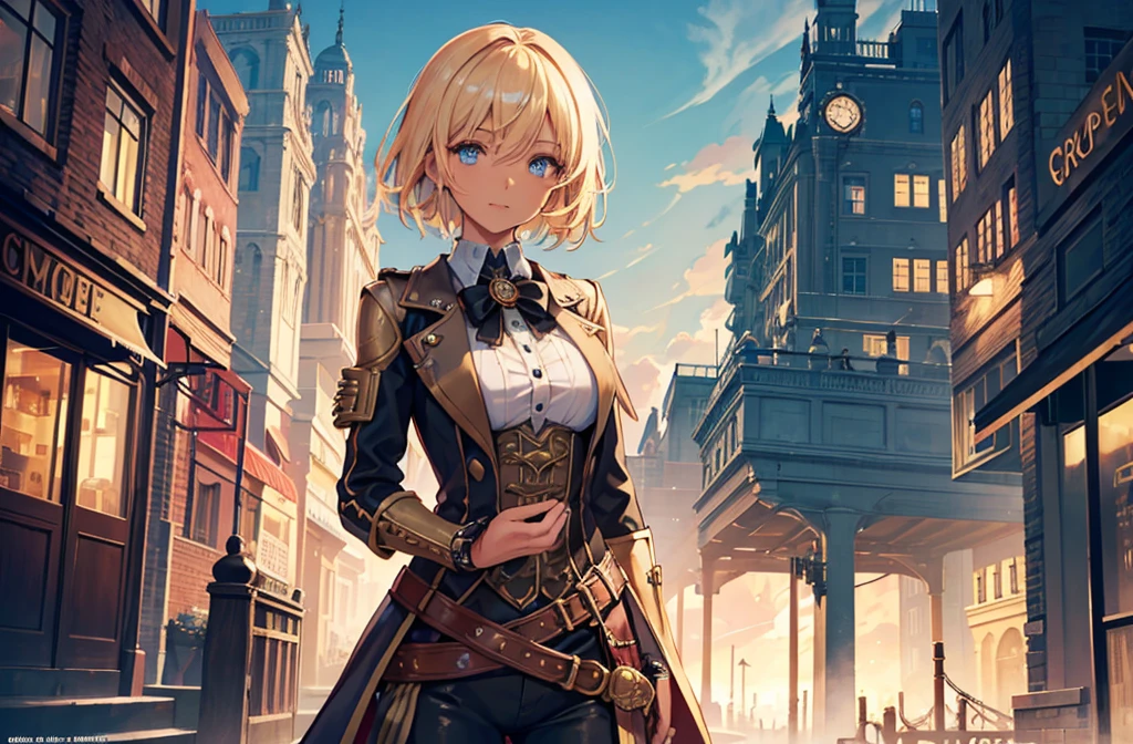 Create an illustration depicting a overlooking a steampunk cityscape. (The girl has dark skin), short blonde hair and shiny blue eyes. The girl should be standing in a vantage point, Rooftops, bridges, etc., Look down on the intricately designed steampunk city below. The cityscape should be meticulous and detailed, Showcase the intricacies of gears, pipes, And glamorous architecture. Her expression was、It should be one of the surprises and curiosities when observing a bustling city full of mechanical wonders, blimp, And glamorous architecture. Surround the scene with a warm atmosphere, Golden light to enhance the atmosphere, Emphasize brass and copper tones of steampunk elements. Capturing the adventurous spirit and charm in the eyes of a girl, Reflecting the charm of the fantastic steampunk world around her. The whole illustration should have a nostalgic vibe, Girl smiles. highly detailed, vibrant appearance, creative behavior, extremly detailed, imaginative, sensual, spontaneous, highest quality, skin texture, intricate details, (cinematic lighting), RAW photo, 8k, masterpiece,best quality,ultra-detailed,very detailed illustrations,extremely detailed,intricate details,highres,super complex details,extremely detailed 8k cg wallpaper,((upper body)),short hair,