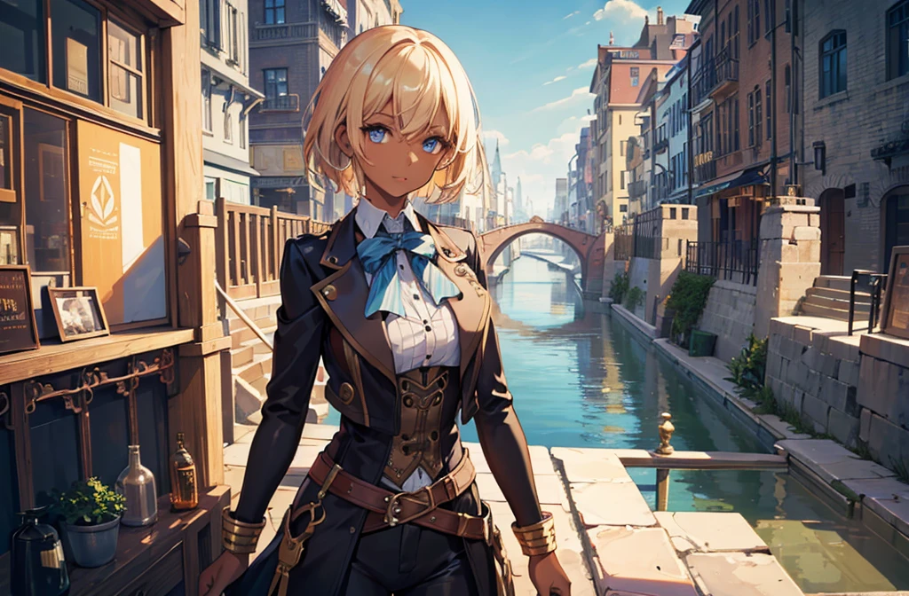 Create an illustration depicting a overlooking a steampunk cityscape. (The girl has dark skin), short blonde hair and shiny blue eyes. The girl should be standing in a vantage point, Rooftops, bridges, etc., Look down on the intricately designed steampunk city below. The cityscape should be meticulous and detailed, Showcase the intricacies of gears, pipes, And glamorous architecture. Her expression was、It should be one of the surprises and curiosities when observing a bustling city full of mechanical wonders, blimp, And glamorous architecture. Surround the scene with a warm atmosphere, Golden light to enhance the atmosphere, Emphasize brass and copper tones of steampunk elements. Capturing the adventurous spirit and charm in the eyes of a girl, Reflecting the charm of the fantastic steampunk world around her. The whole illustration should have a nostalgic vibe, Girl smiles. highly detailed, vibrant appearance, creative behavior, extremly detailed, imaginative, sensual, spontaneous, highest quality, skin texture, intricate details, (cinematic lighting), RAW photo, 8k, masterpiece,best quality,ultra-detailed,very detailed illustrations,extremely detailed,intricate details,highres,super complex details,extremely detailed 8k cg wallpaper,((upper body)),short hair,