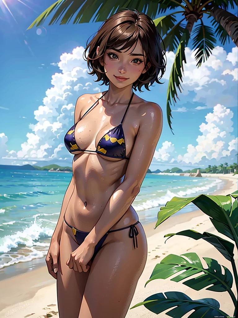 ((highest quality, masterpiece, High resolution)), ((reality)),Photos of beautiful Japanese women,((anime art))、 (((1 girl))), normal size breasts, slim body shape,  medium short hair, double eyelid, Wet see-through micro bikini,  A pareo with bold ethnic patterns and plenty of primary colors、(Brown skin:1.4),realistic skin、Wet,whole body,cinematic light、tropical、Against the background of palm trees on both sides、on a sunny beach、With the sea in the background、blur background、smile