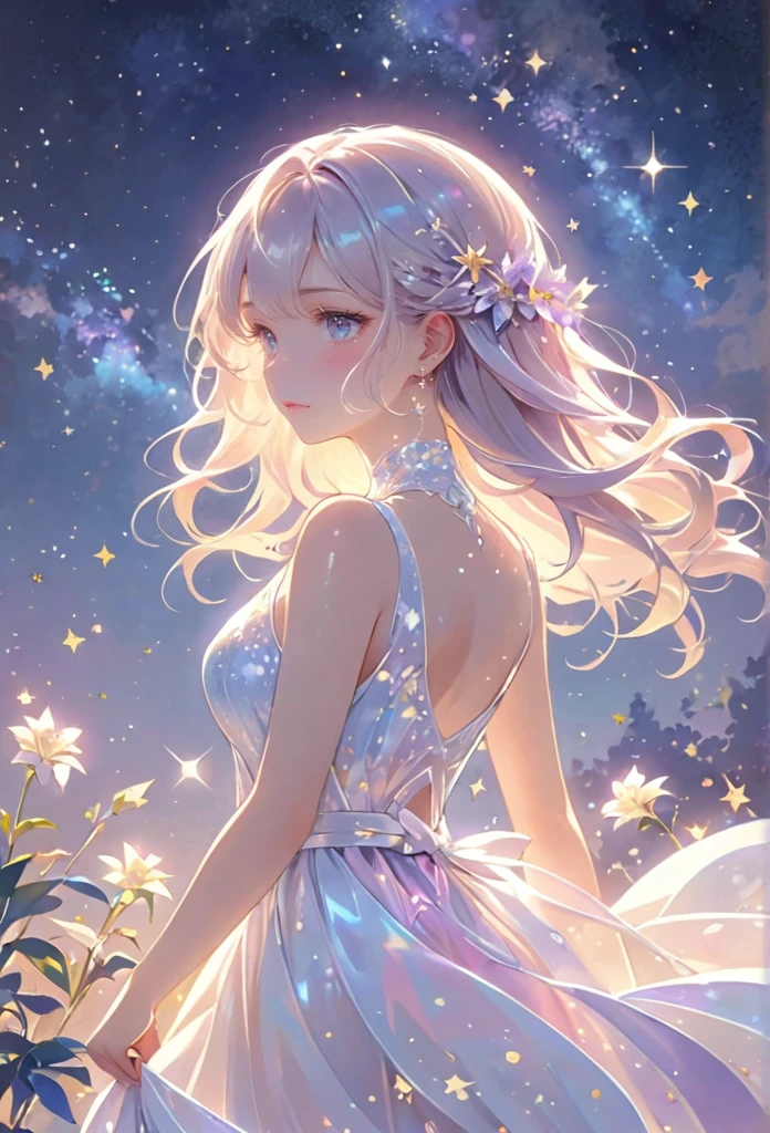 A girl standing alone under the starry night sky, with her silhouette illuminated by the soft moonlight and twinkling stars. Her face is beautifully detailed, with mesmerizing eyes that seem to reflect the universe itself, long and fluttering eyelashes, and exquisitely defined lips. She is dressed in an elegant gown, flowing and ethereal, embracing her figure gracefully as it glimmers with a subtle celestial glow. The intricate details of her dress catch the faint starlight, creating a mesmerizing sparkle. The surrounding landscape showcases a serene garden, lush with vibrant foliage and colorful flowers. The air is filled with a gentle breeze, causing the leaves to rustle and the flowers to sway delicately. The garden is bathed in a warm, dreamy color palette, with hues of deep blues, purples, and hints of silver. The atmosphere is calm and tranquil, evoking a sense of peace and serenity. The artwork is of the highest quality, meticulously created with ultra-detailed brushstrokes and precise attention to every element. The texture and depth of the painting are breathtaking, with a sense of realism and photorealism that captures the awe-inspiring beauty of the night sky. The lighting is soft and diffused, casting a gentle glow over the entire scene, enhancing the magical ambiance. The girl's presence radiates a sense of mystery and wonder, as if she holds a secret connected to the celestial beings above. The overall composition evokes a feeling of timelessness and captures the essence of a StarSign, an artwork that embodies the celestial beauty and inner strength of a girl in harmony with the stars.