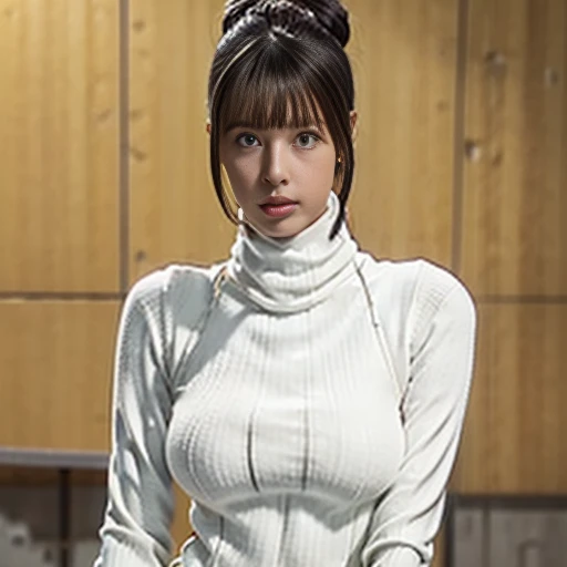 1 most beautiful girl, Only one girl,  (From head to thighs, Sexy white knit super high leg turtleneck bodysuit, :1.8), (Having delicate features,The cutest shy face, View your viewers,:1.5), (Large, well-proportioned, round breasts:1.2), (Fitness Body, Well-trained abs,:1.2) Accurate human proportions, long arms and legs, 8 heads, 21 years old, No makeup, Dark brown bun hairstyle without bangs, Beautiful details, Basement concrete wall background, masterpiece, Highest quality, Photorealistic, Very detailed, High resolution, Bright, professional front lighting in her face, 