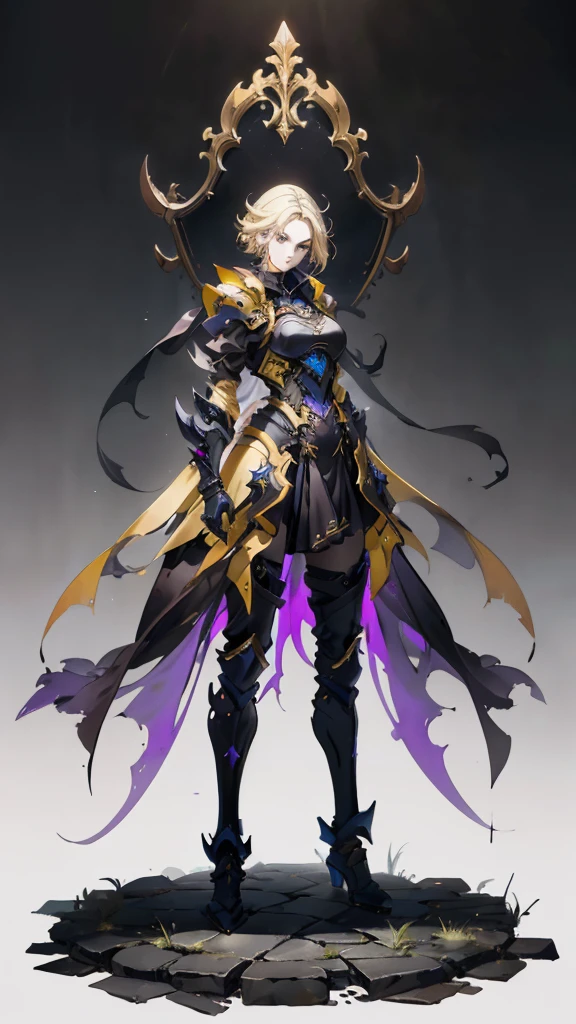 (((masterpiece, best quality, high detailed, 8k))) Design a layout showcase Gaming character, (1girl). Black|Gold clothes, stylish and unique. ((showcase weapon:1.4)), dark scythe. (masterpiece:1.2), (best quality), 4k, ultra-detailed. (Step by step design, layout art:1.5), (luminous lighting, atmospheric lighting). necromancer, ((glove full hands)), (((revealing clothes:1.3))), vambraces, armored legwear, (((full_body_shot:1.4))). {In a haunted graveyard}.