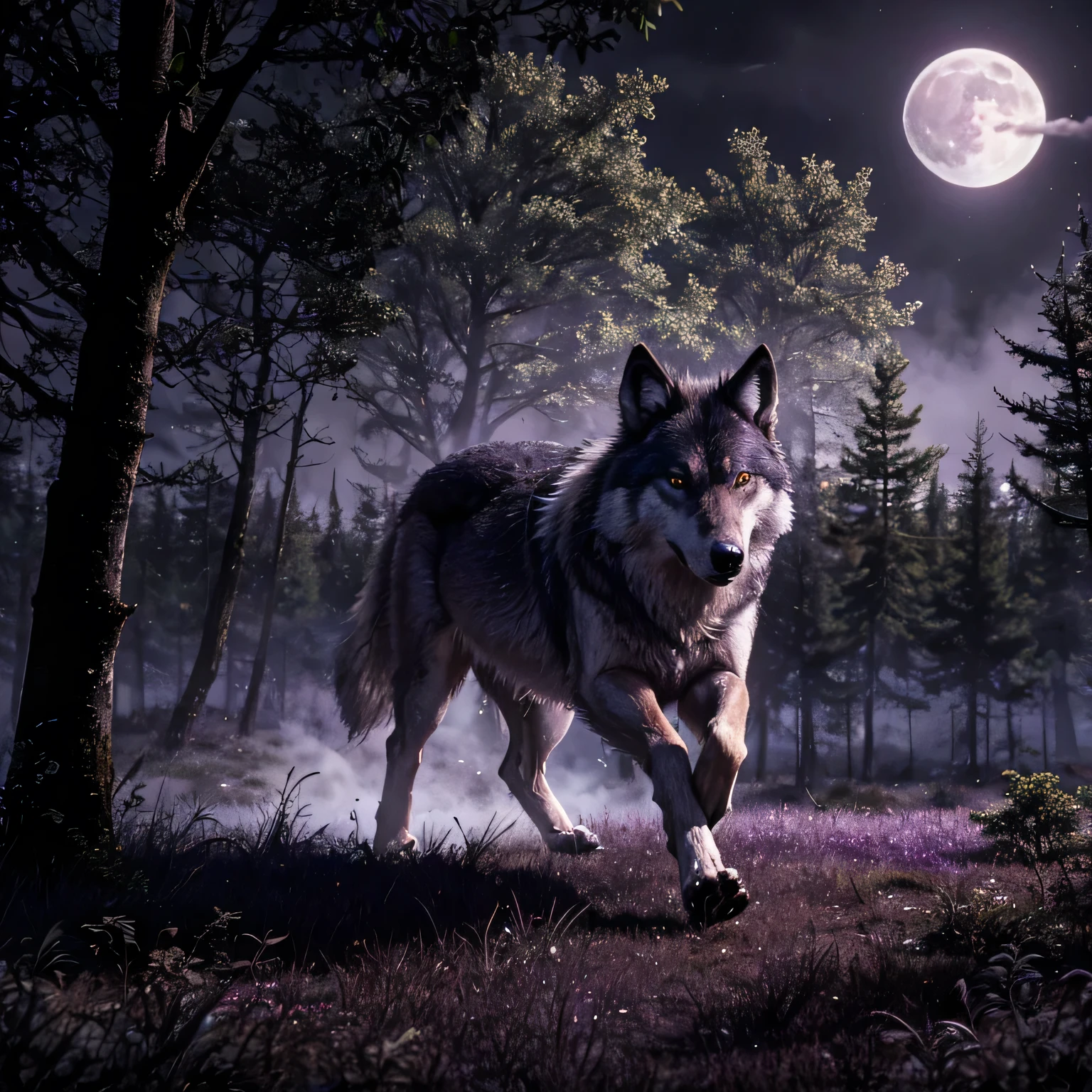 The wolf is running through the forest and looking for prey. Against the background of a moonlit forest. Purple fog. Deep, rich colors and intricate details. Karn Griffiths and Charles Wess