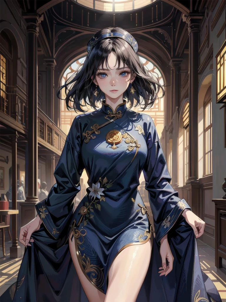 absurdres, RAW photo, extremely delicate and beautiful, masterpiece, Best Quality, ultra high resolution, 32k, hyperrealistic, ultra-detailed, detailed background, landscape, perfect anatomy, anatomically correct, perfect figure, Perfect Style, Perfect balance, super Detailed skin, in her 30s, very Slim body, narrow waist, very small head, very small face, delicate facial features, handsome detailed woman, very detailed eyes and face, realistic face proportions, Realistic beautiful face, Realistic beautiful eyes, tearful mole, earring, very huge round tits, full body shot, medium hair, asymmetrical hair, indoor, (indigo cheongsam:1.2),