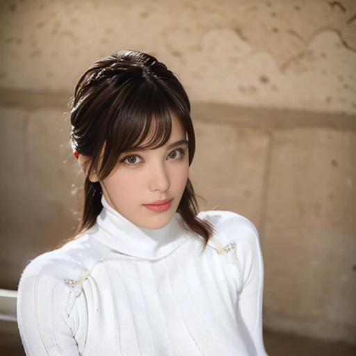 1 most beautiful girl, Only one girl, (From head to thighs, Sexy white knit super high leg turtleneck bodysuit, :1.8), (Having delicate features,The cutest shy face, View your viewers,:1.5), (Large, well-proportioned, round breasts:1.2), (Fitness Body, Well-trained abs,:1.2) Accurate human proportions, long arms and legs, 8 heads, 21 years old, No makeup, Dark brown bun hairstyle without bangs, Beautiful details, Basement concrete wall background, masterpiece, Highest quality, Photorealistic, Very detailed, High resolution, Bright, professional front lighting in her face,