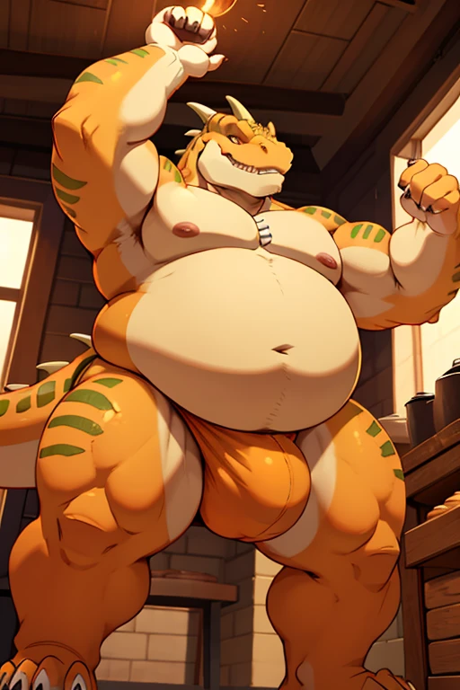 Lizardman, orange body, yellow belly,, baker, extremely obese, massive arms, plump face, large bulge, low angle