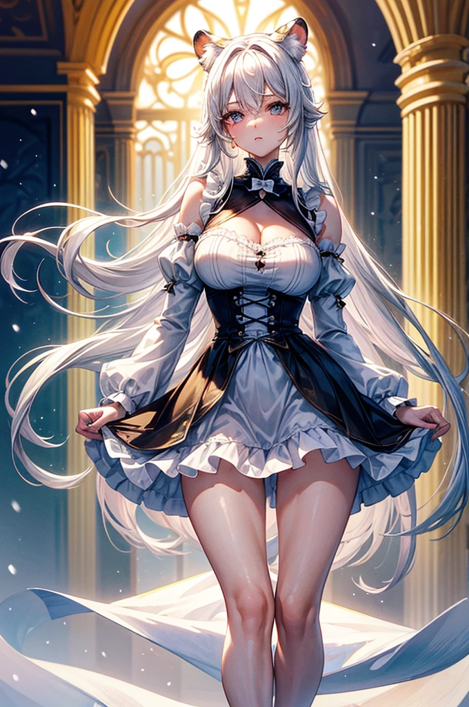 highest quality, ultra high resolution, super detailed, gorgeous, masterpiece, best quality, high resolution finely detailed, extremely beautiful, distinct image, Knee length Frilly French Maid uniform(not risque), hourglass figure, 1 girl, 21 years old, soft and beautiful facial features, symmetrical face, golden colored eyes, innocent doe shaped eyes, DD-cup breasts, tall height(185cm), slim curvy body, athletic and flexible physiques, flowing snow-white hair, narrow waist, long legs, modern times background, snow-white skin, hip-level shot, snow-white feline tiger ears, white striped tiger tail protruding out her back,