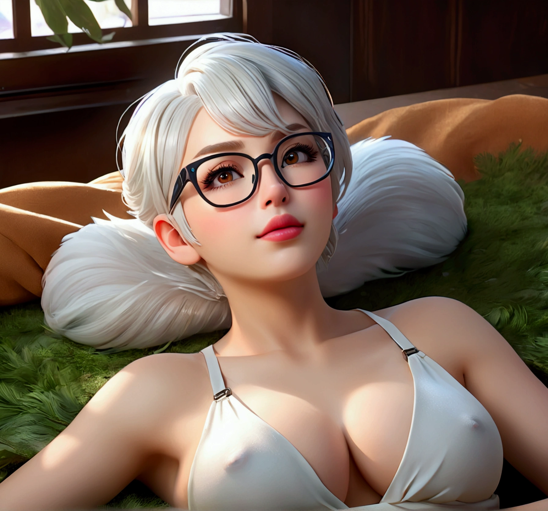 (futanari), bulky penis, sweet expression, lying down, white glasses, short white hair, (8k, CRU photo, photorrealistic:1.25) ,( Lip gloss, eyelash, bright face, shining skin, best qualityer, super high resolution , Depth of field, Chromatic aberration, caustics, broad light, natural shadows, KPOP Idol) looking at the viewer with the serenity and happiness of a goddess, whole body, breasts big, Unclothed, secretary, ( fully body)