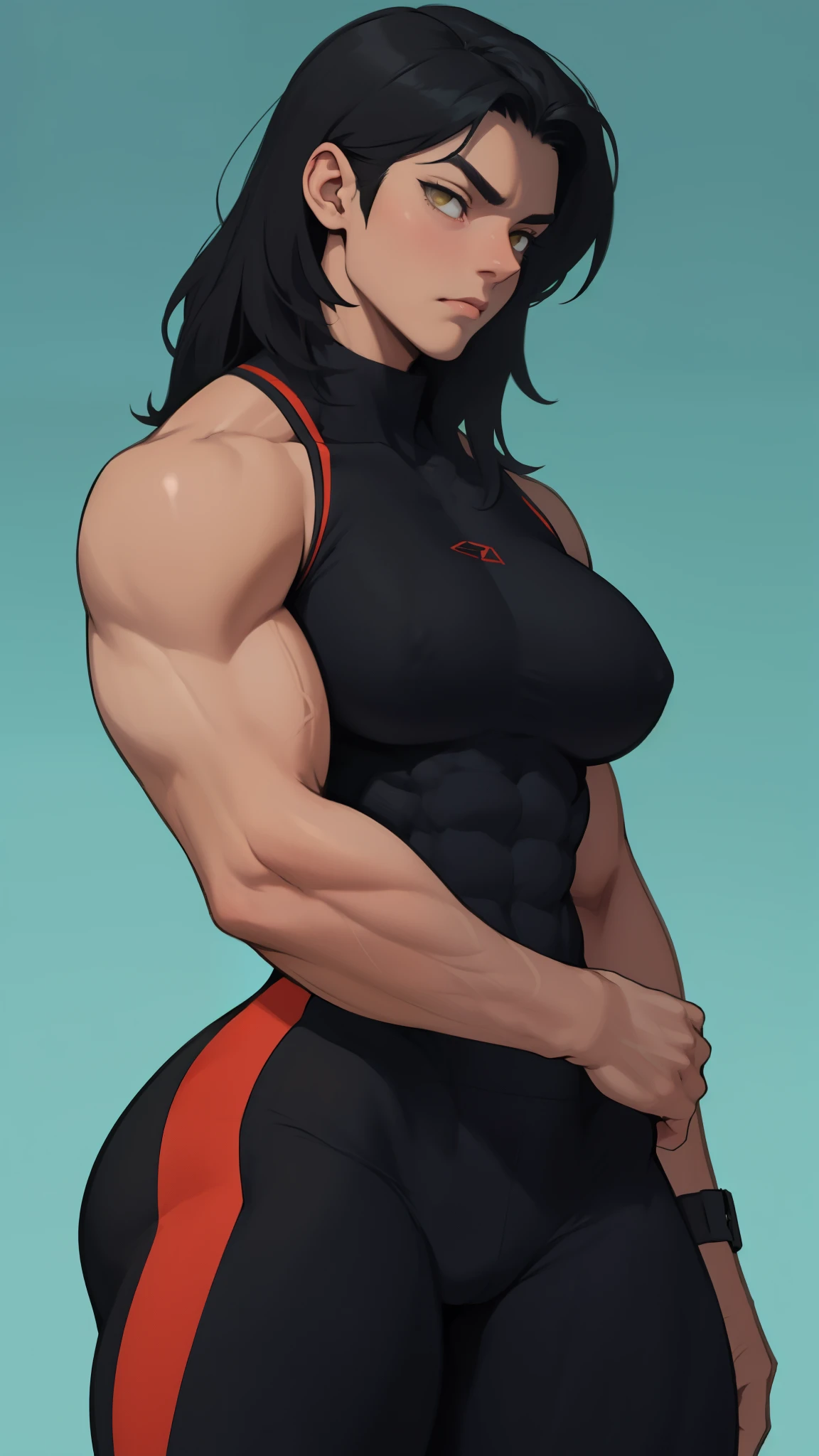wide hips curvy thick thighs voluptuous huge breasts muscular toned body bodybuilder black hair pale skin yellow eyes skintight expressionless sad sad