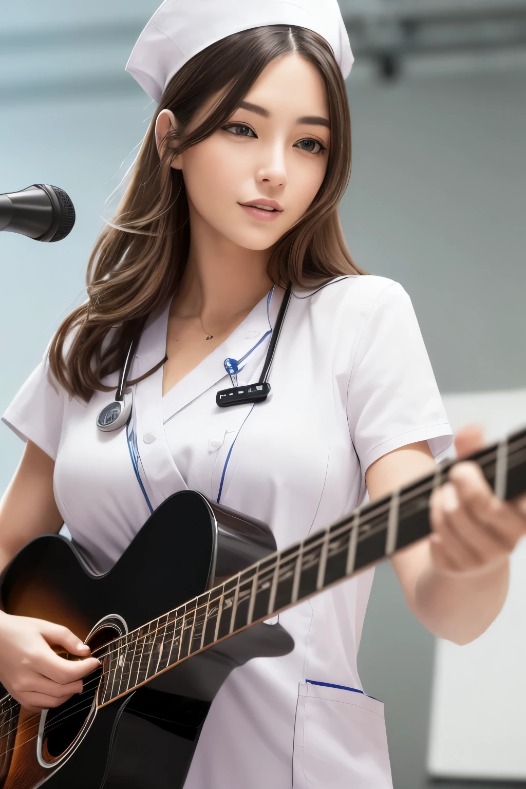 sharp focus, perspective, foreshortening, best quality, ultra res, 8 k, photorealistic, depth of field, 1woman, Playing guitar at a concert, Garterbelt, lighting, long_wave_hair, (White nurse uniform:1.2), cute, 23 years old beautiful sexy woman, singer, beauty, colorful hair, make up, light smile