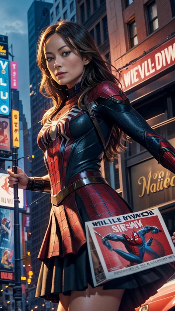 Olivia Wilde、マーベルコミックの映画Poster、so beautiful、Movies about Spider-Man、sexy、whole body、Wearing a skirt、Premiere Date、Poster、belly buttonを突き出す、new york、She&#39;s wearing a ripped Spiderman suit、The suit is torn、Wearing a skirt、Red and black color scheme、dynamic、masterpiece、Highest quality、Super detailed、Very detailed、Delicate and beautiful shine、Ultra-high resolution、Cinematic、break、breakドロップ、(Torn clothes:1.5)、(Wet clothes:1.4)、Bare shoulders、Real Rain、Wet Hair、belly button、Exposed Skin、sexyな肩を披露