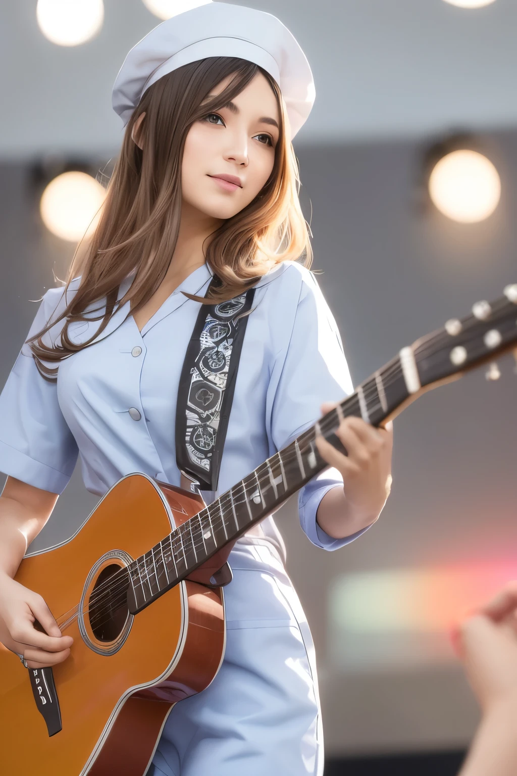 sharp focus, perspective, foreshortening, best quality, ultra res, 8 k, photorealistic, depth of field, 1woman, Playing guitar at a concert, Garterbelt, lighting, long_wave_hair, (White nurse uniform:1.2), cute, 23 years old beautiful sexy woman, singer, beauty, colorful hair, make up, light smile