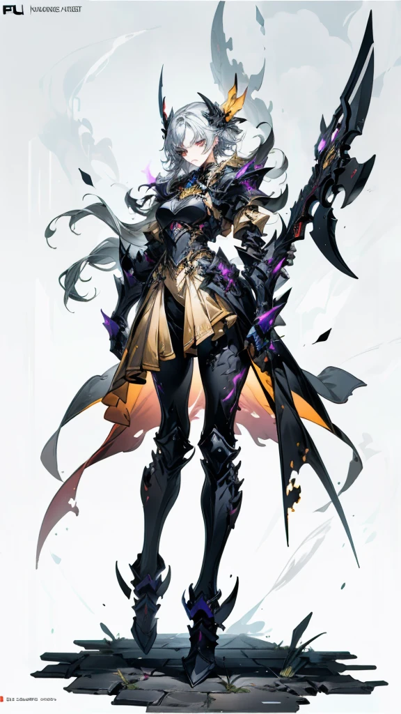 (((masterpiece, best quality, high detailed, 8k))) Design a layout showcase Gaming character, (1girl). Black|Gold clothes, stylish and unique. ((showcase weapon:1.4)), dark scythe. (masterpiece:1.2), (best quality), 4k, ultra-detailed. (Step by step design, layout art:1.5), (luminous lighting, atmospheric lighting). necromancer, ((glove full hands)), (((revealing clothes:1.3))), vambraces, armored legwear, (((full_body_shot:1.4))). {In a haunted graveyard}.