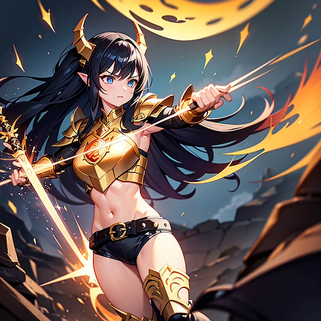 A 16-year-old warrior girl with long, wavy black hair and intense blue eyes that reflect light and dark flames. She has an athletic and toned body, standing 1.75m tall. Wearing a majestic armor made from the remains of the Supreme Dragon God: a helmet with black and gold scales adorned with protective runes, a breastplate that glows with internal light and inscriptions, gauntlets and gloves made from dragon claws that enhance strength, a belt of dragon leather and scales for extra resistance, and reinforced greaves and boots for agility and impact absorption. She wields a longsword made from the dragon's tail, engulfed in dark flames, a bow made from dragon ribs with elemental arrows, and a dagger crafted from the dragon's horn, enchanted with poison magic. The scene is set at sunset on a battlefield, with a sky ablaze in orange and red hues
```