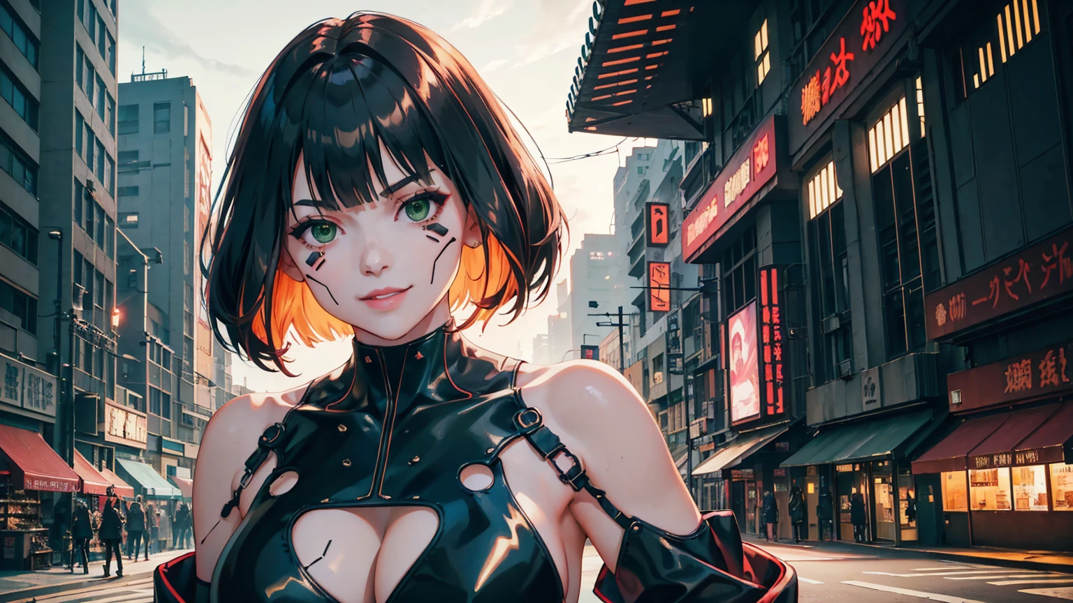 masterpiece, Best quality, (1 girl), (solo) (front facing), (upper body), (smile),(from front), (portrait), (night), (pose for picture), (dystopian city street), (large breast), (cleavage), (long hair),,  (underboob), red costume, black, gloves, dress boots, black gloves, puffy sleeves, black dress),(cyberpunk costume), (blonde hair), (green eyes), feather-trimmed sleeves anime, realistic, masterpiece, (bobcut, bangs), (A2 costume) (cyber_mark), ( facial mark), (cyberpunk suit), (j4nu4ryj0n3s), (demure), (dark room), (neon lights), (cyberpunk room), (widwscreen photo)