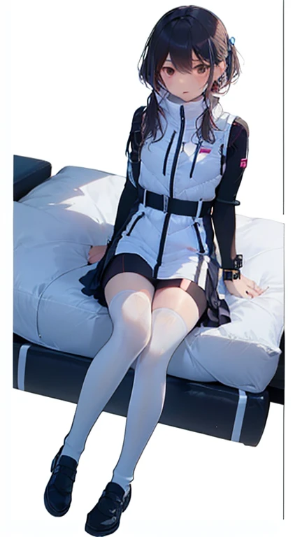 (Highest quality), (masterpiece), 1080P, High resolution, 4K, 8k, Thigh straps, Shooting from directly below, The woman on top of me, Nipples, 白いSweat, Covered , Sweat, Woman looking down, Micro Bikini, Skirt swimsuit, Thigh-high socks, To achieve this, , Small breasts, whole body, Black leather shoes, Braided hair, Inner Color, Embarrassed face, Short black hair, bracelet, Bedroom,celestial body_Vest