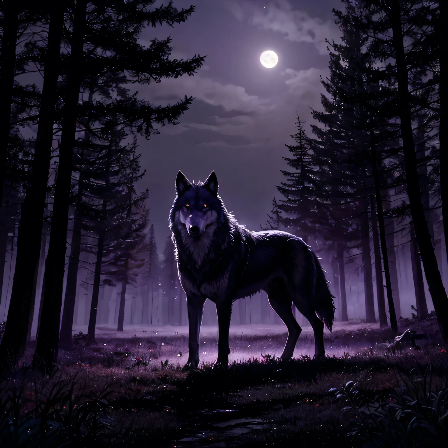 The wolf stands and sniffs, he tries to smell his prey in the night darkness. Against the background of a moonlit forest. Purple fog. Deep, rich colors and intricate details. Karn Griffiths and Charles Wess