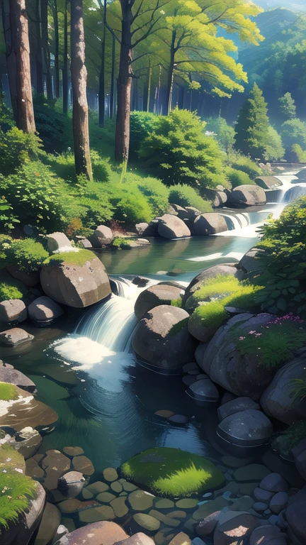 painting of a stream running through a lush green forest full of trees, detailed painting 4k, mountains river trees, anime landscape wallpaper, Beautiful UHD 4K art, anime countryside landscape, detailed landscape: width 672, beautiful digital painting, Highly detailed 4k digital art, beautiful animated landscape, 8K high quality detailed art, anime nature wallpaper, anime nature Senran Kagura homura 8K, Best Quality, (photorealistic:1.4), raw photo, (curved body), (curved thighs), (huge breasts, perky breasts:1.4),