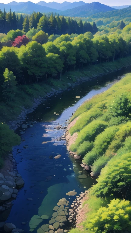 painting of a stream running through a lush green forest full of trees, detailed painting 4k, mountains river trees, anime landscape wallpaper, Beautiful UHD 4K art, anime countryside landscape, detailed landscape: width 672, beautiful digital painting, Highly detailed 4k digital art, beautiful animated landscape, 8K high quality detailed art, anime nature wallpaper, anime nature Senran Kagura homura 8K, Best Quality, (photorealistic:1.4), raw photo, (curved body), (curved thighs), (huge breasts, perky breasts:1.4),