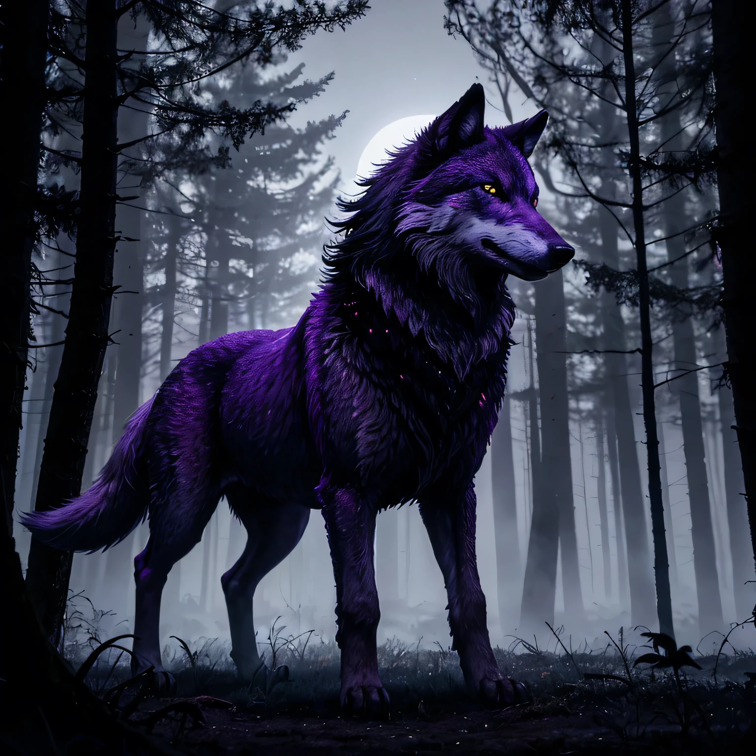 The wolf stands and sniffs, he tries to smell his prey in the night darkness. Against the background of a moonlit forest. Purple fog. Deep, rich colors and intricate details. Karn Griffiths and Charles Wess