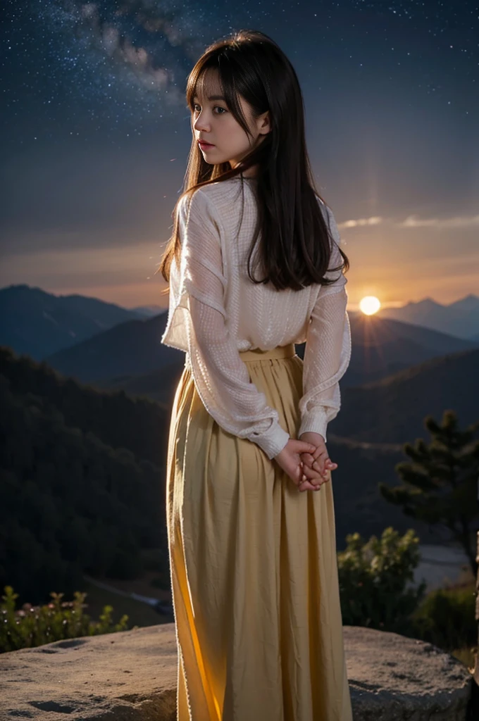 The woman has her hands tied、Place your hands behind your back、(((Hands clasped behind your back)))、(((Her wrists are wrapped in rope)))、Beauty、20age、university student、Standing on a hill at night、There are a lot of trees、Beautiful night sky、There are many stars、A strong wind is blowing、Wearing a short-sleeved blouse、Wear a long skirt、Uniform eyes、Balanced proportionedium build、Small breasts、Small face、(I can see from head to heel), Black Hair, bangs, Swept bangs, Straight hair, Nervous, Messy Hair, Floating hair, Cinema Lighting, throw, Nikon, Surrealism, 超High resolution, Highest quality, High resolution, Anatomically correct body、, tachi-e, First Person View, From behind, F/1.2, 8k, Textured skin