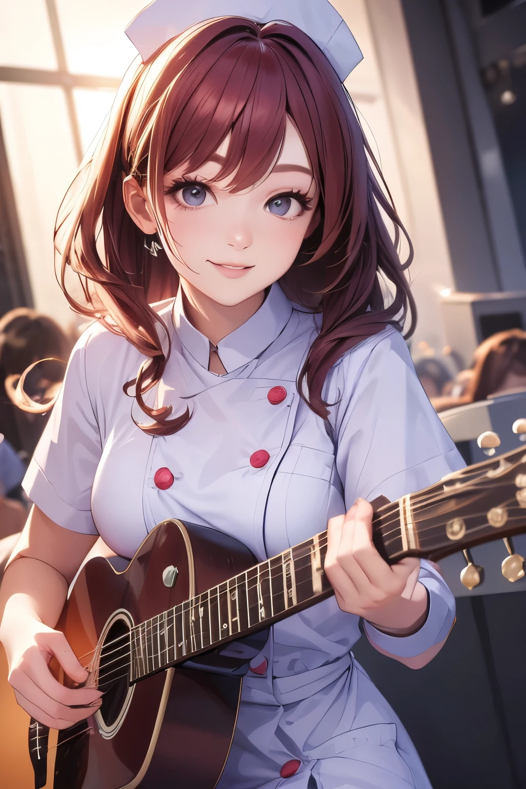 sharp focus, perspective, foreshortening, best quality, ultra res, 8 k, photorealistic, depth of field, 1woman, Playing guitar at a concert, Garterbelt, lighting, long_wave_hair, (White nurse uniform:1.2), cute, 23 years old beautiful sexy woman, singer, beauty, colorful hair, make up, light smile