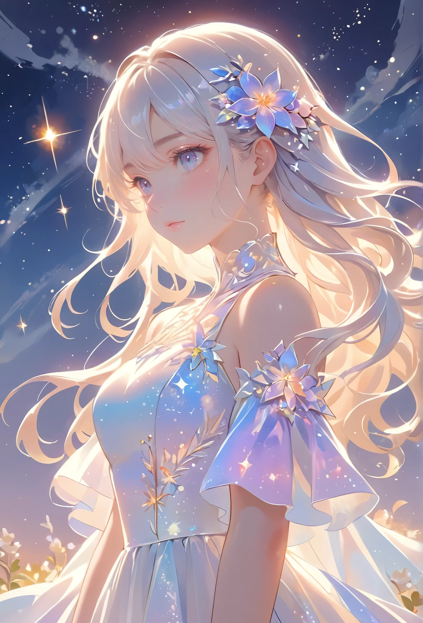 A girl standing alone under the starry night sky, with her silhouette illuminated by the soft moonlight and twinkling stars. Her face is beautifully detailed, with mesmerizing eyes that seem to reflect the universe itself, long and fluttering eyelashes, and exquisitely defined lips. She is dressed in an elegant gown, flowing and ethereal, embracing her figure gracefully as it glimmers with a subtle celestial glow. The intricate details of her dress catch the faint starlight, creating a mesmerizing sparkle. The surrounding landscape showcases a serene garden, lush with vibrant foliage and colorful flowers. The air is filled with a gentle breeze, causing the leaves to rustle and the flowers to sway delicately. The garden is bathed in a warm, dreamy color palette, with hues of deep blues, purples, and hints of silver. The atmosphere is calm and tranquil, evoking a sense of peace and serenity. The artwork is of the highest quality, meticulously created with ultra-detailed brushstrokes and precise attention to every element. The texture and depth of the painting are breathtaking, with a sense of realism and photorealism that captures the awe-inspiring beauty of the night sky. The lighting is soft and diffused, casting a gentle glow over the entire scene, enhancing the magical ambiance. The girl's presence radiates a sense of mystery and wonder, as if she holds a secret connected to the celestial beings above. The overall composition evokes a feeling of timelessness and captures the essence of a StarSign, an artwork that embodies the celestial beauty and inner strength of a girl in harmony with the stars.