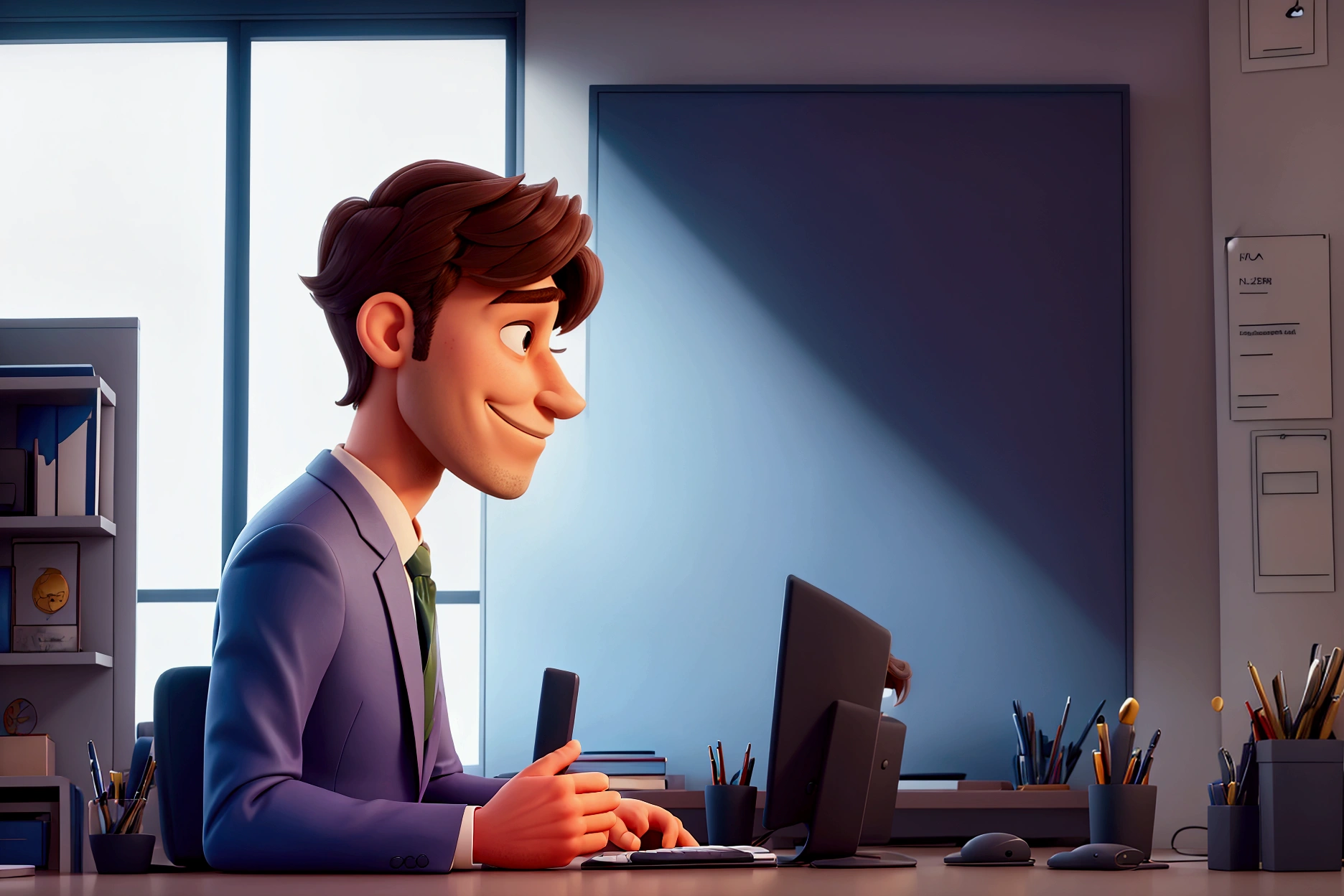side view, a man with a hidden smile, a beautiful suit, and a beautiful face, is in big office,meet with his manager, extremely detailed, with vibrant colors, exceptional sharpness, PIXAR style