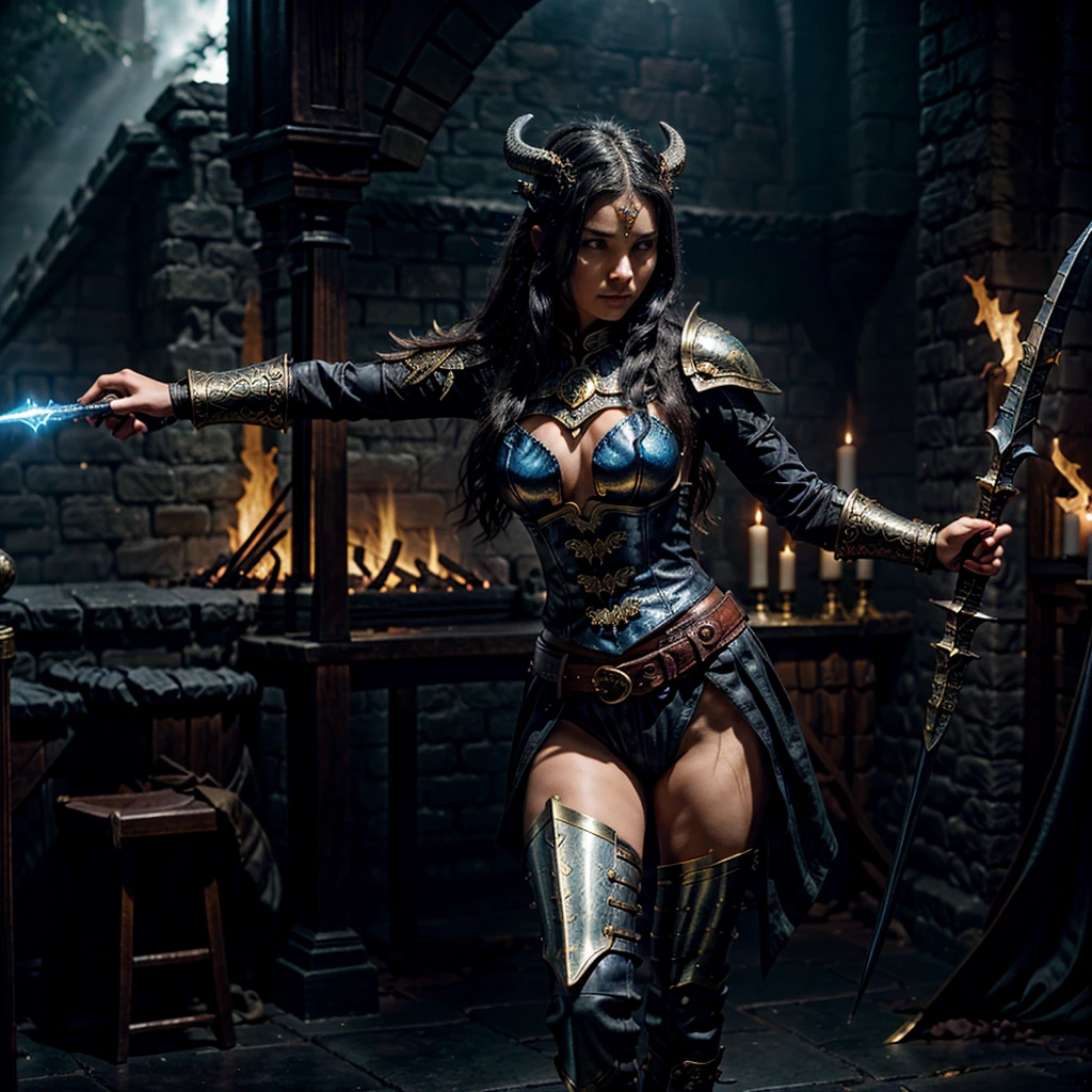 A 16-year-old warrior girl with long, wavy black hair and intense blue eyes that reflect light and dark flames. She has an athletic and toned body, standing 1.75m tall. Wearing a majestic armor made from the remains of the Supreme Dragon God: a helmet with black and gold scales adorned with protective runes, a breastplate that glows with internal light and inscriptions, gauntlets and gloves made from dragon claws that enhance strength, a belt of dragon leather and scales for extra resistance, and reinforced greaves and boots for agility and impact absorption. She wields a longsword made from the dragon's tail, engulfed in dark flames, a bow made from dragon ribs with elemental arrows, and a dagger crafted from the dragon's horn, enchanted with poison magic. The scene is set at sunset on a battlefield, with a sky ablaze in orange and red hues
```