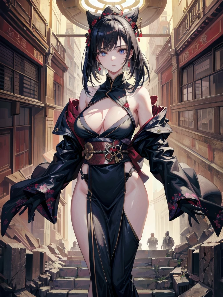 absurdres, RAW photo, extremely delicate and beautiful, masterpiece, Best Quality, ultra high resolution, 32k, hyperrealistic, ultra-detailed, detailed background, landscape, perfect anatomy, anatomically correct, perfect figure, Perfect Style, Perfect balance, super Detailed skin, in her 30s, very Slim body, narrow waist, very small head, very small face, delicate facial features, handsome detailed woman, very detailed eyes and face, realistic face proportions, Realistic beautiful face, Realistic beautiful eyes, tearful mole, earring, very huge round tits, full body shot, medium hair, asymmetrical hair, indoor, cyberpunk, samurai clothes, katanas, kimono,